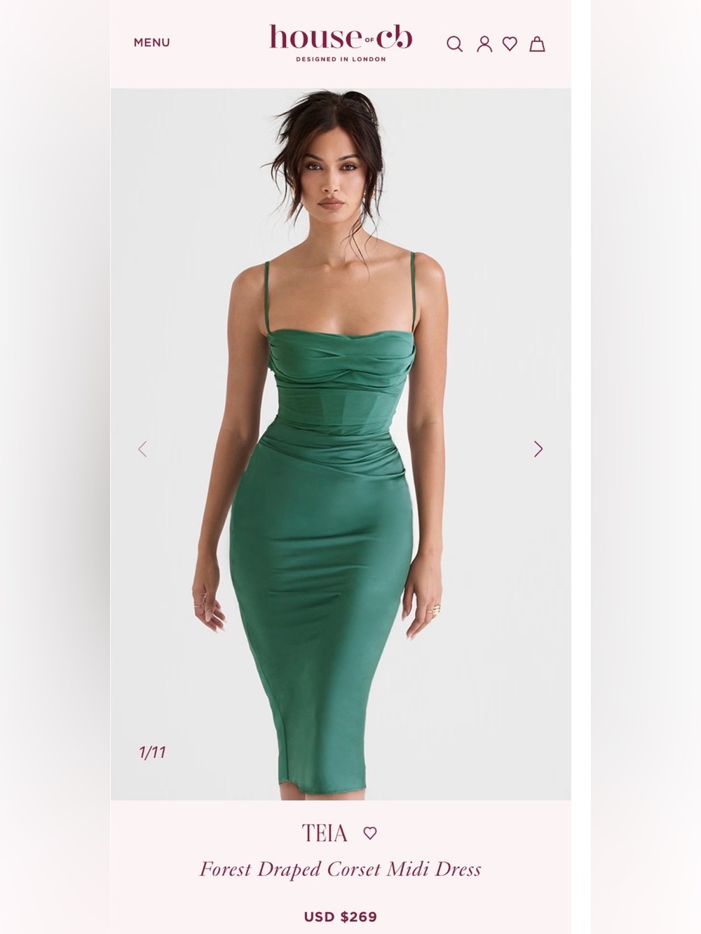 House of CB Teia Emerald Green Draped Midi Slip Dress